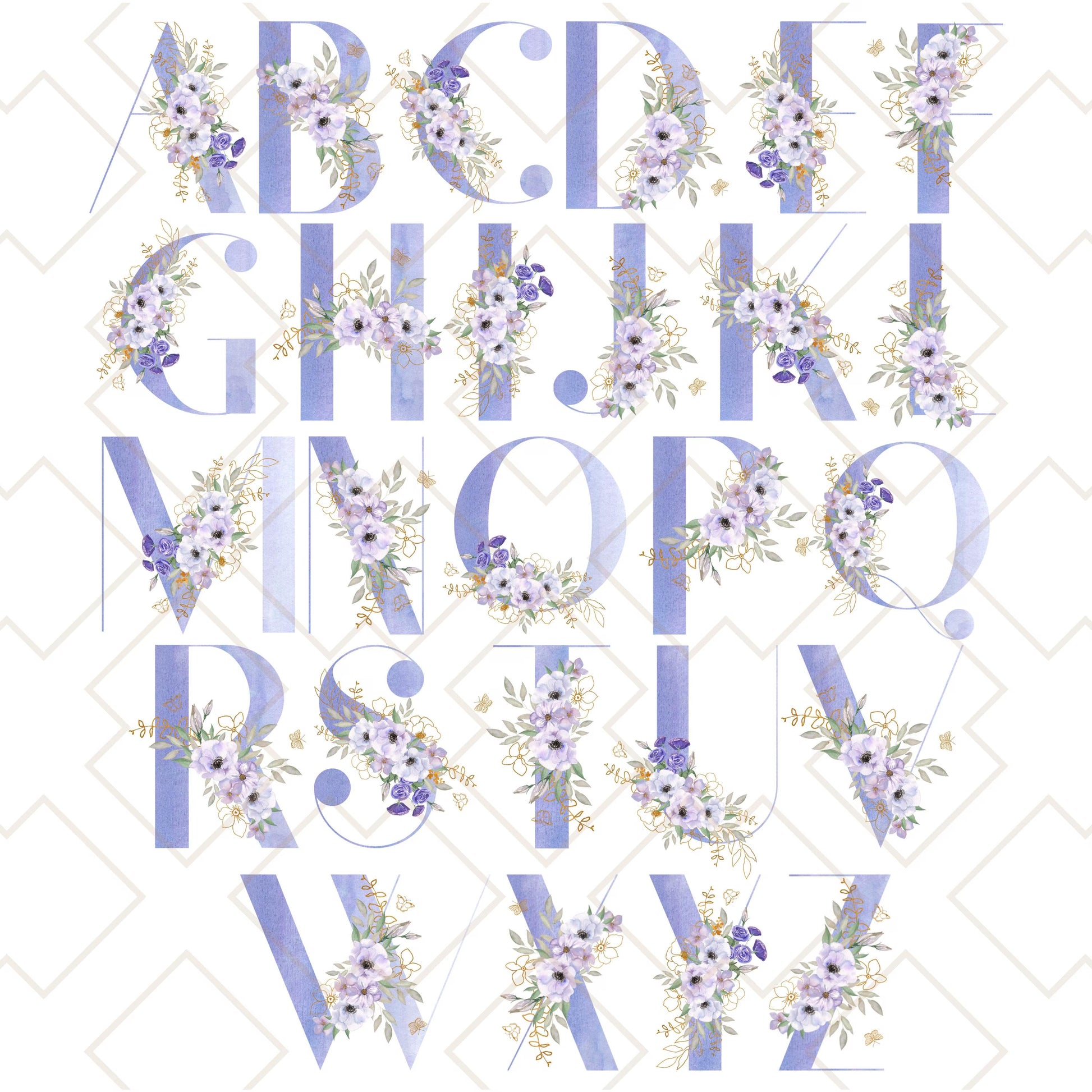 Complete alphabet chart showing all pastel purple and cornflower blue floral initials with anemone flower accents, used for personalized tote bag designs