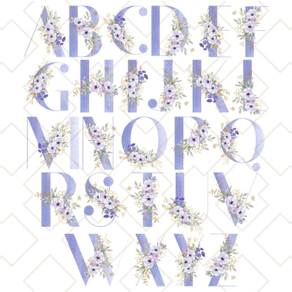Complete alphabet chart showing all pastel purple and cornflower blue floral initials with anemone flower accents, used for personalized tote bag designs