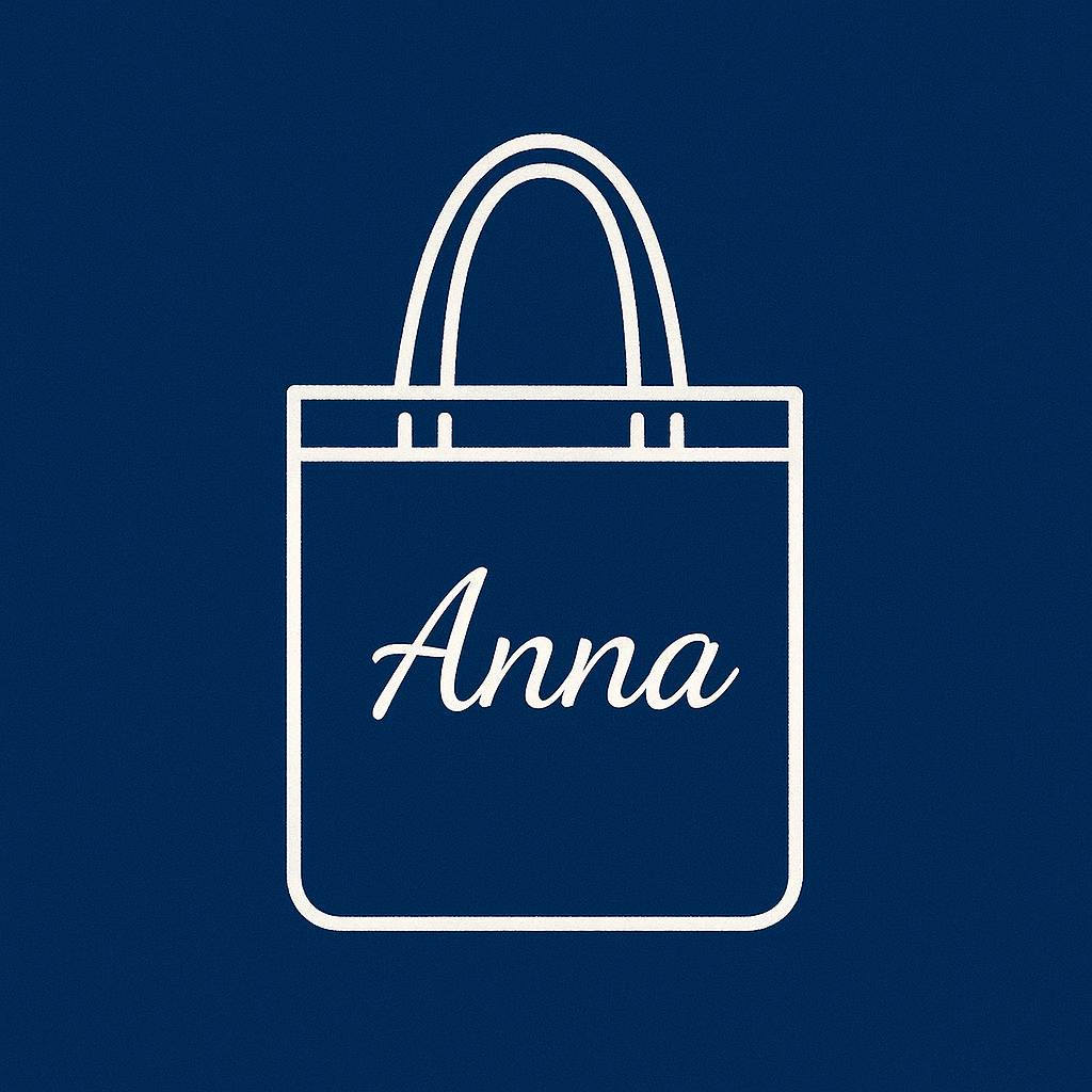 Minimal navy blue and white personalised tote bag icon with name text, representing custom name tote bags collection