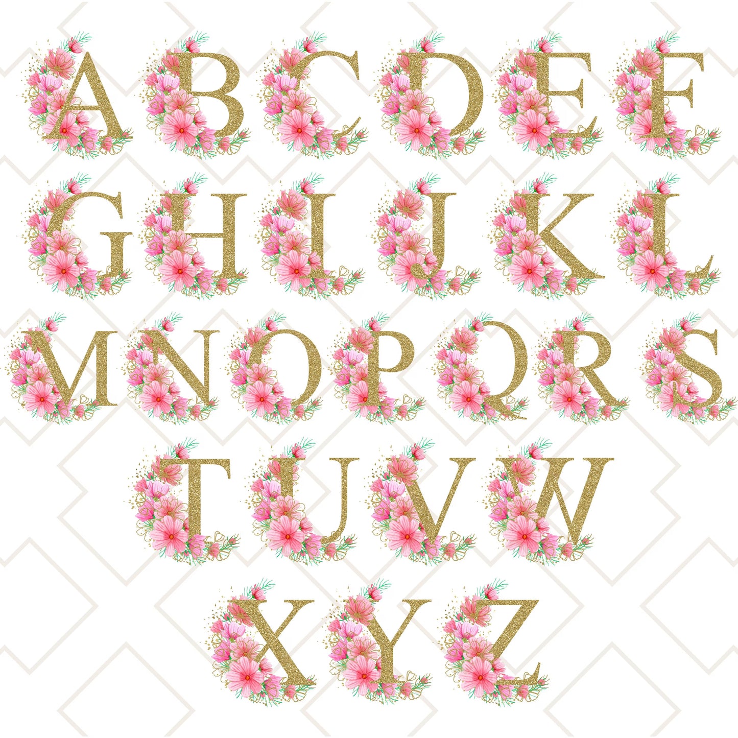 Full alphabet initials A to Z in pink and gold pastel floral design, matching custom tote bag collection