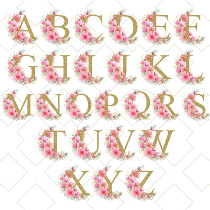 Full alphabet initials A to Z in pink and gold pastel floral design, matching custom tote bag collection