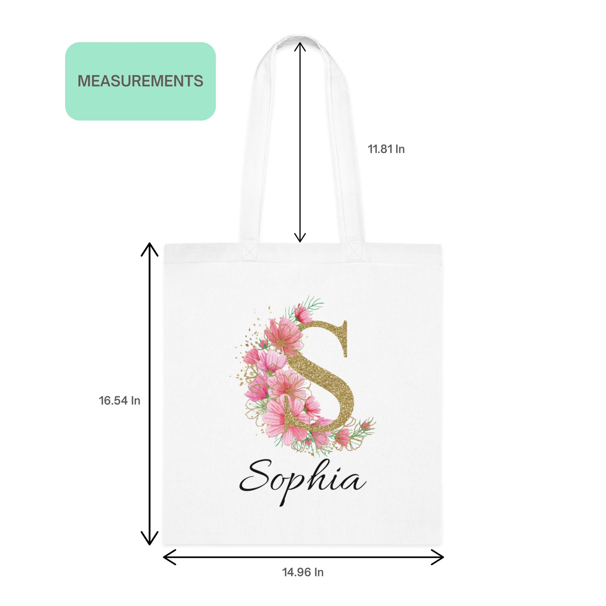 Pink and gold floral initial tote bag with letter S and name Sophia, product measurements displayed front view