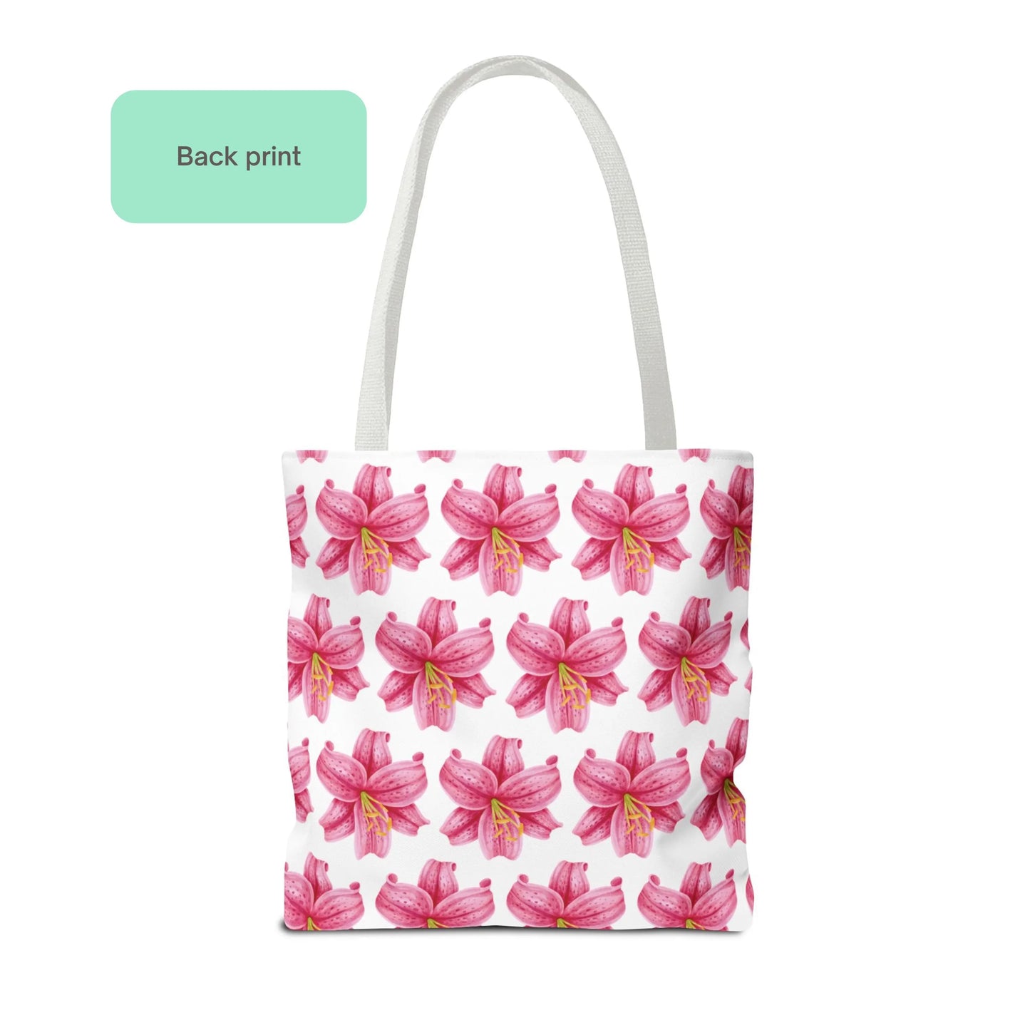 Back print of pink lily flower patterned tote bag showing detailed floral artwork