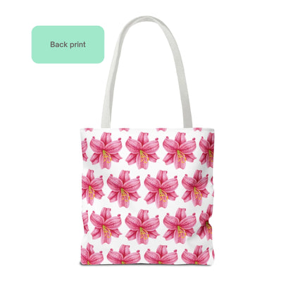 Back print of pink lily flower patterned tote bag showing detailed floral artwork