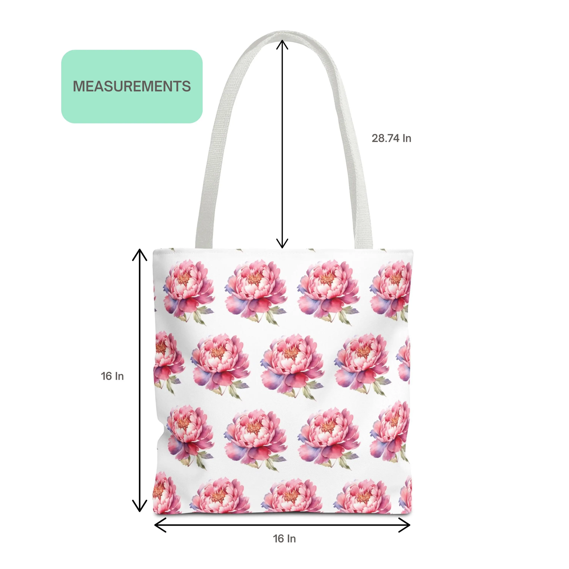 Size chart for Pink Peony Bloom Pattern Floral Design Tote Bag showing 16x16 inches with 28.74-inch handles
