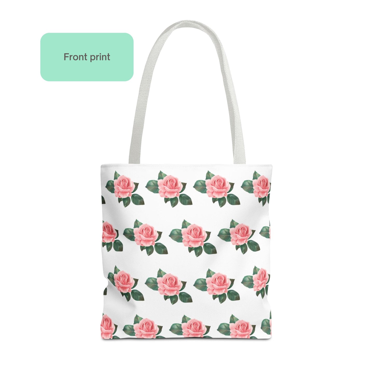 Front view of the Rose Pattern Flower Design Tote Bag with pink roses and green leaves on a white background