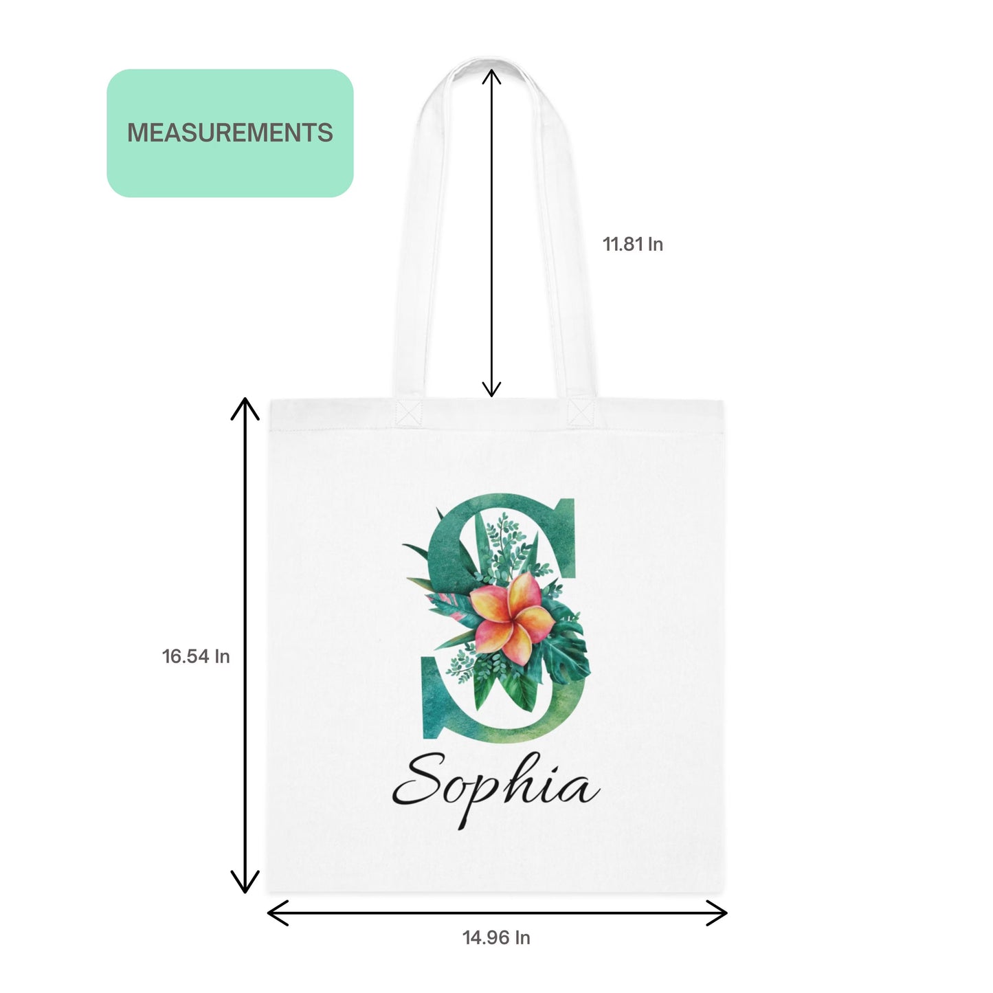 Sophia personalized Plumeria Tropical Floral Custom Tote Bag with Emerald Green Initial S, size and measurement guide