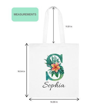 Sophia personalized Plumeria Tropical Floral Custom Tote Bag with Emerald Green Initial S, size and measurement guide