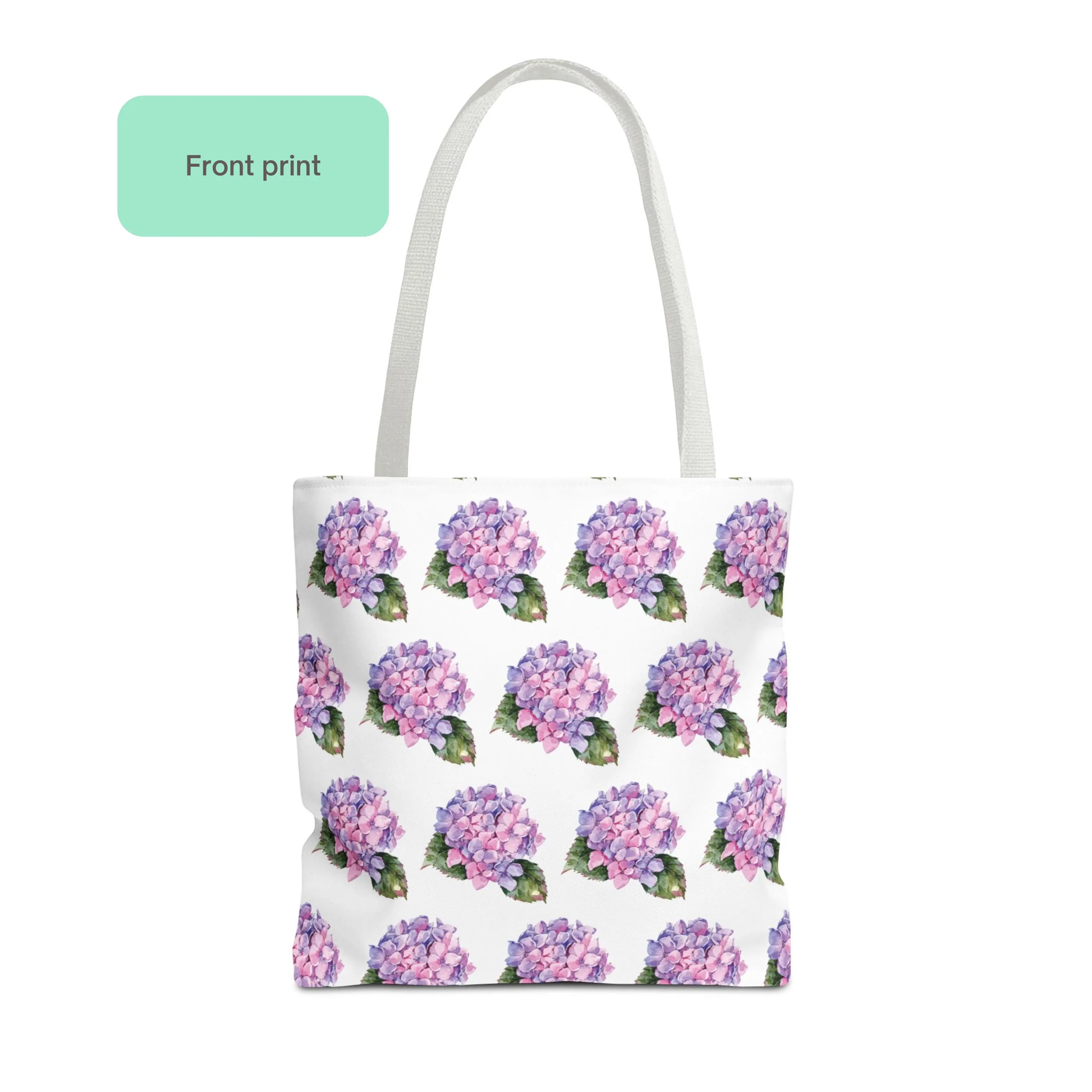 Front view of Hydrangea Patterned Floral Design Tote Bag with pink and purple hydrangea print on white background