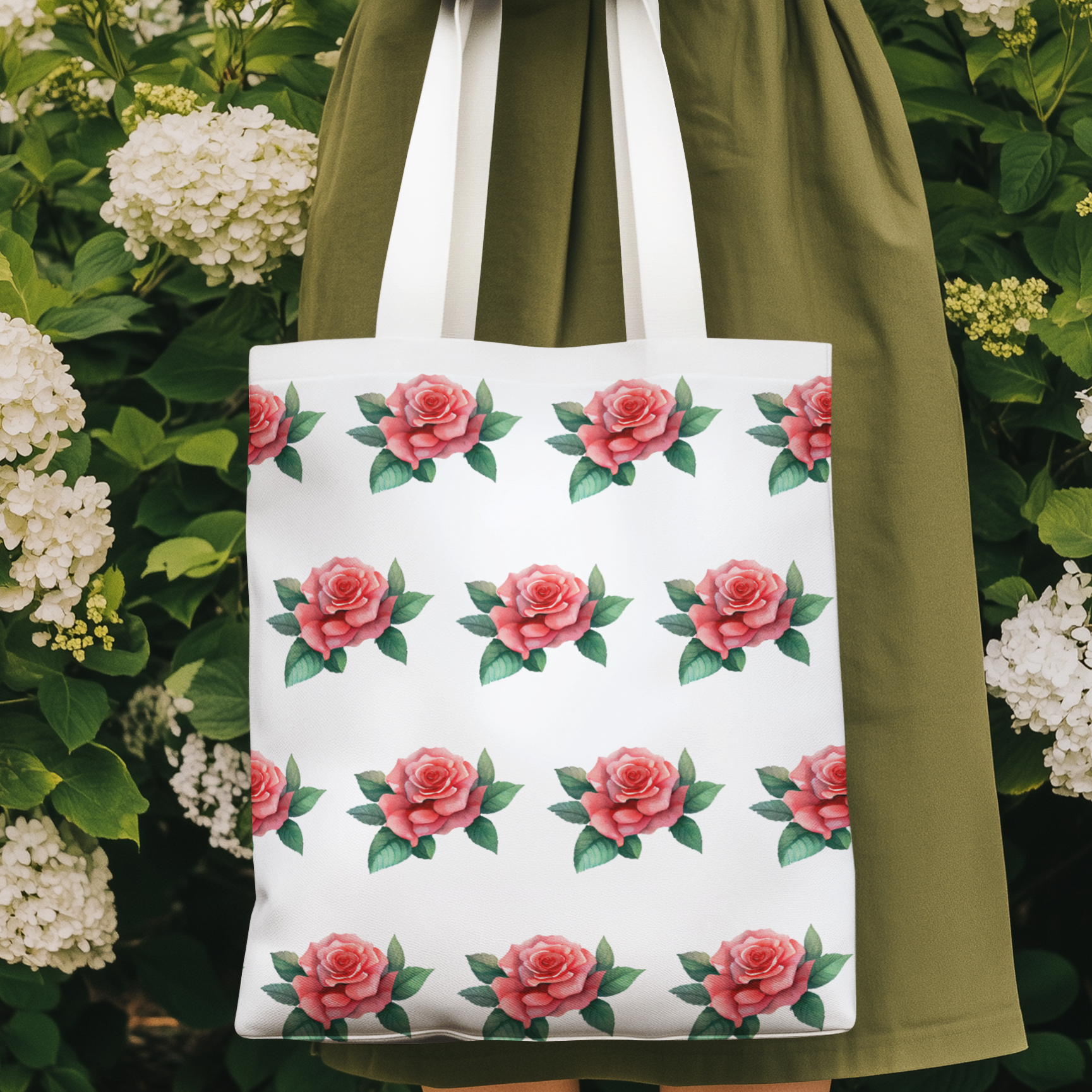 Floral tote bag with red rose pattern and green foliage, styled against a blooming garden background