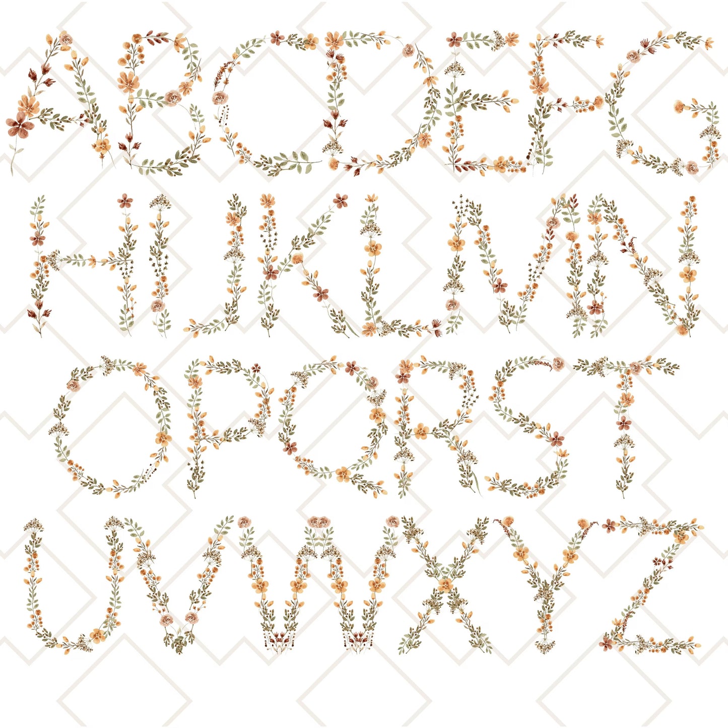 Rustic floral alphabet initials A to Z used for personalized tote bags, botanical letter designs