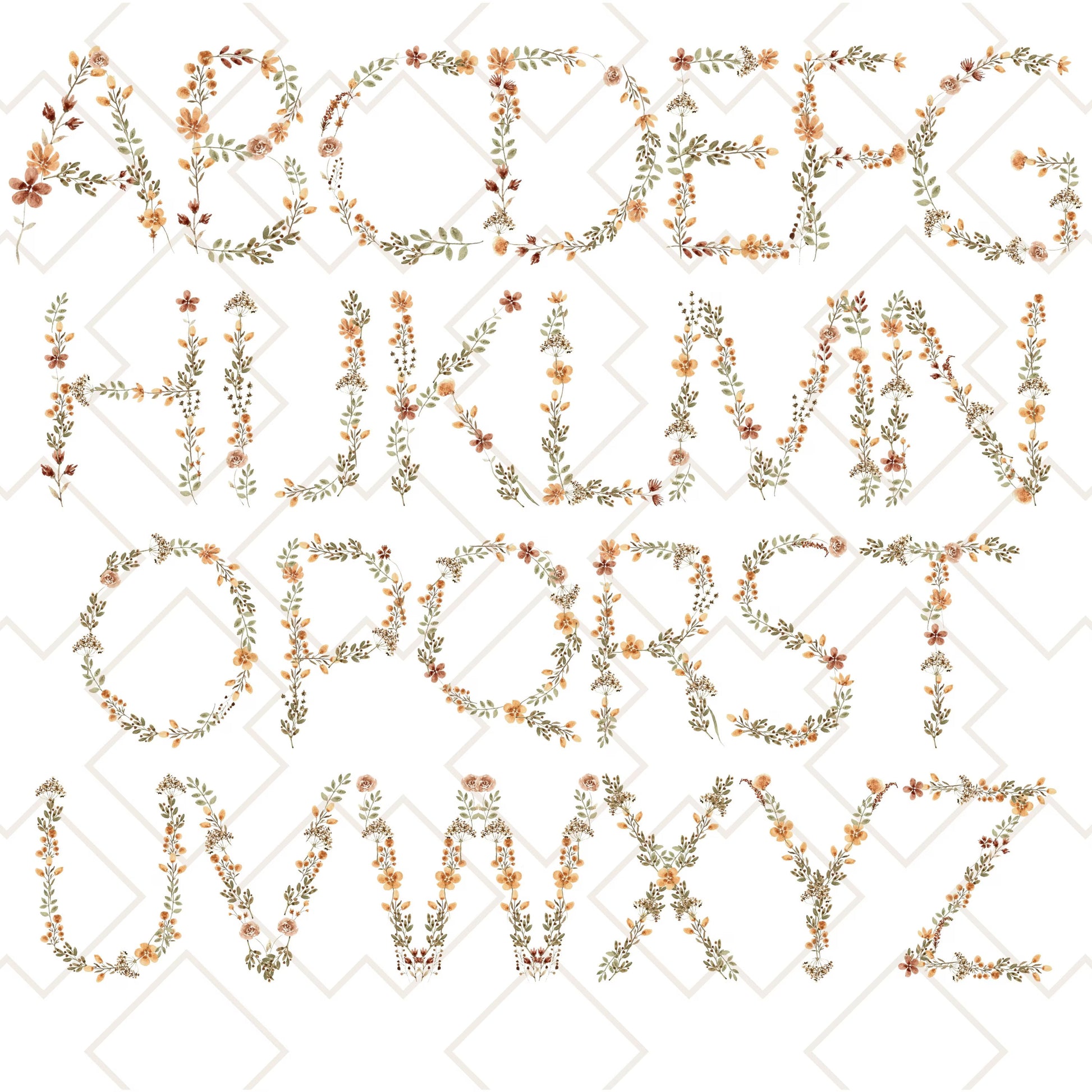 Rustic floral alphabet initials A to Z used for personalized tote bags, botanical letter designs
