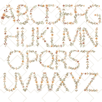 Rustic floral alphabet initials A to Z used for personalized tote bags, botanical letter designs