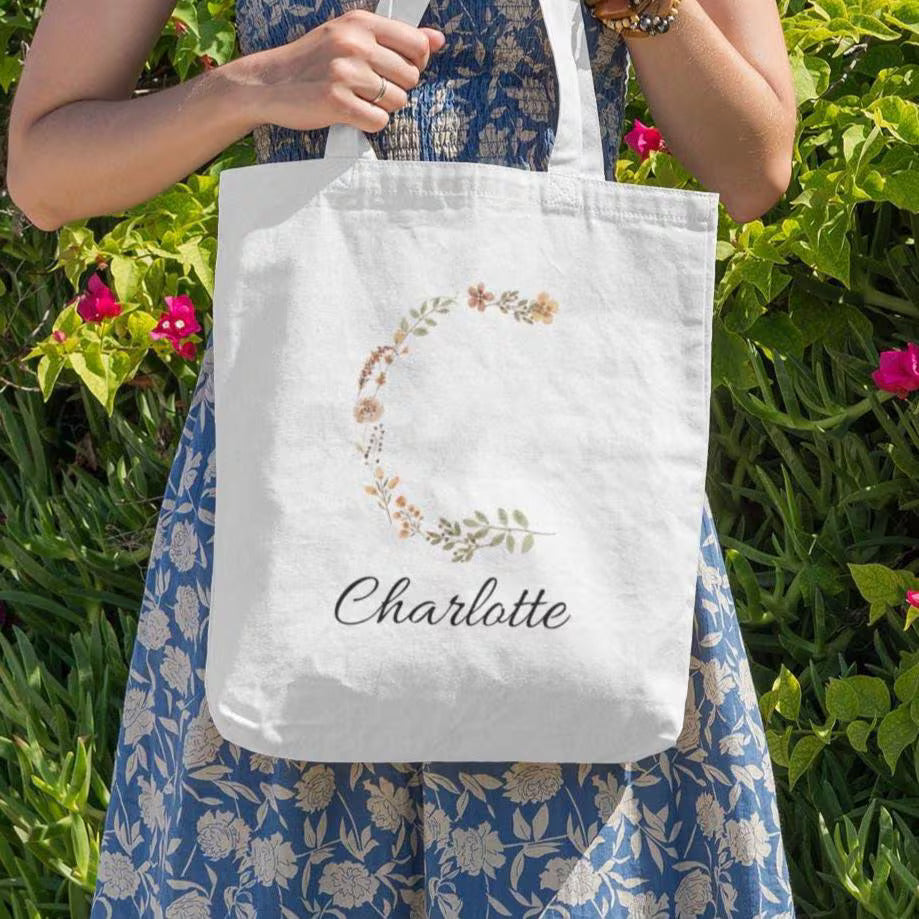 Personalized tote bag with floral letter C and name Charlotte, rustic custom canvas gift for her
