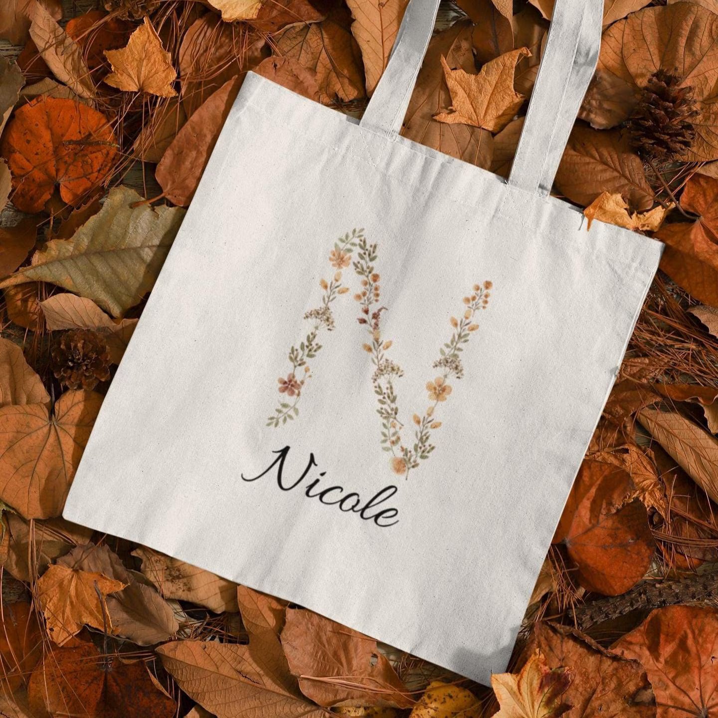 Rustic floral tote bag with initial N and name Nicole, personalized eco-friendly canvas bag in autumn leaves