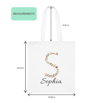 Size chart of rustic floral initial tote bag with letter S and name Sophia on white background