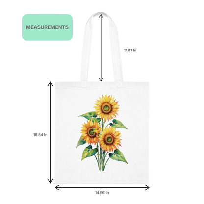 Sunflower Print Custom Name Floral Tote Bag with dimensions chart showing height and width