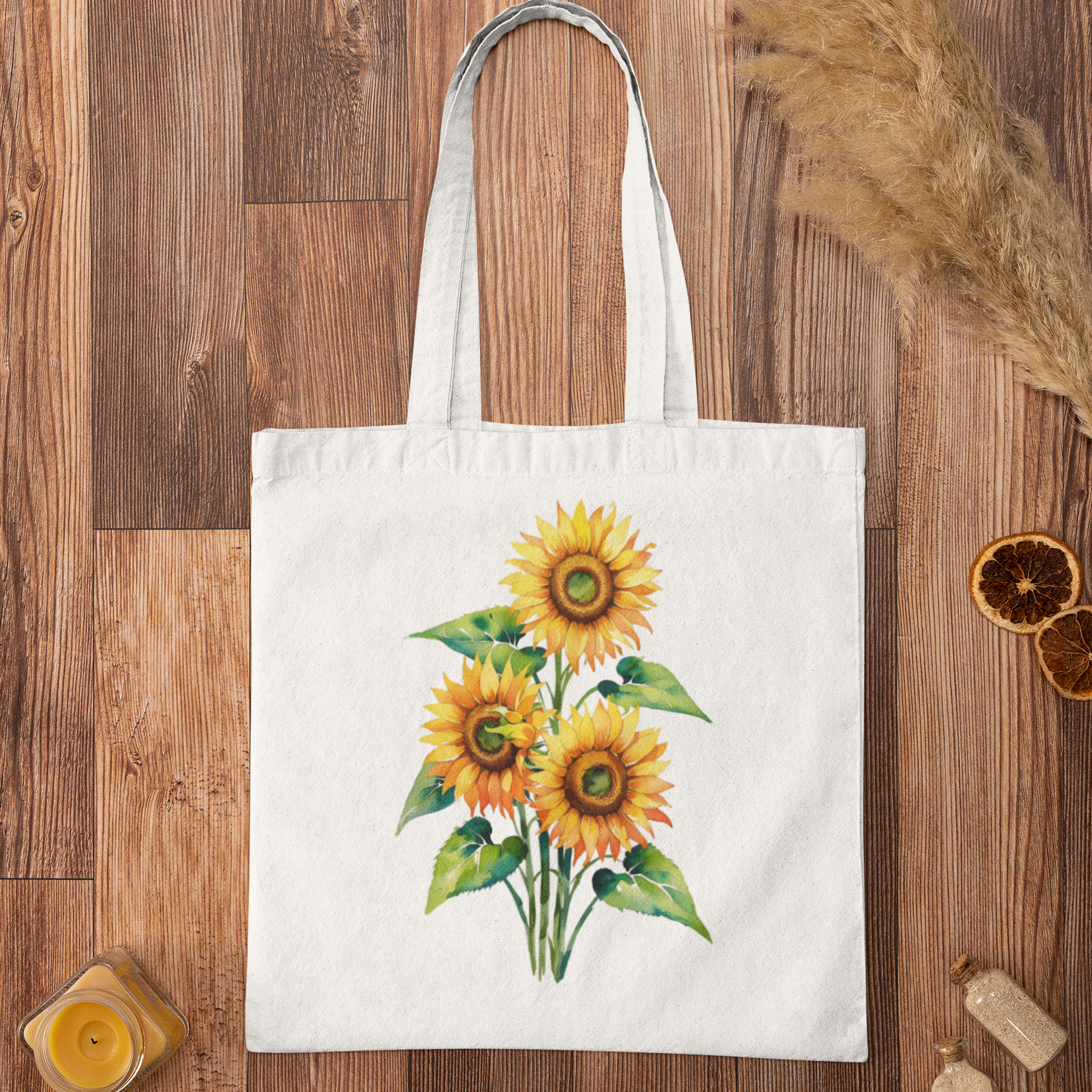 Flat-lay display of sunflower print floral tote bag on wooden background
