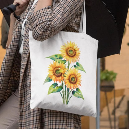 Woman carrying floral sunflower print tote bag in everyday lifestyle setting