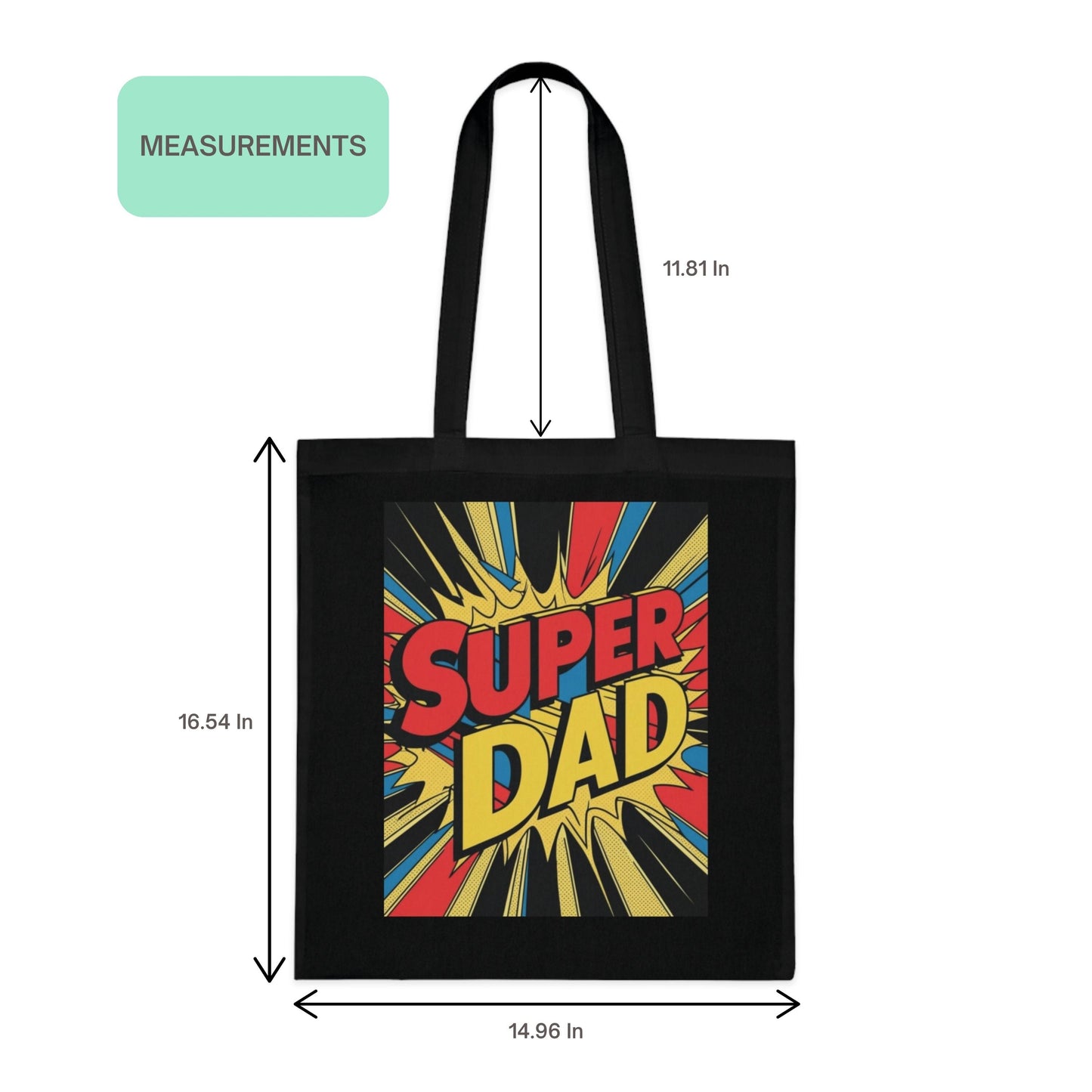 Black Super Dad Retro Gift Tote Bag size chart with measurements for shopping details