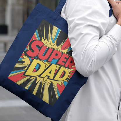 Man carrying navy Super Dad Retro Gift Tote Bag, comic-style dad gift tote for Father’s Day