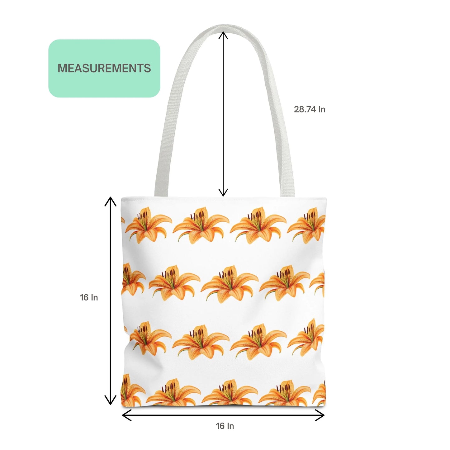 Front view of Tiger Lily Flower Design Patterned Tote Bag with size measurements 16x16 inches