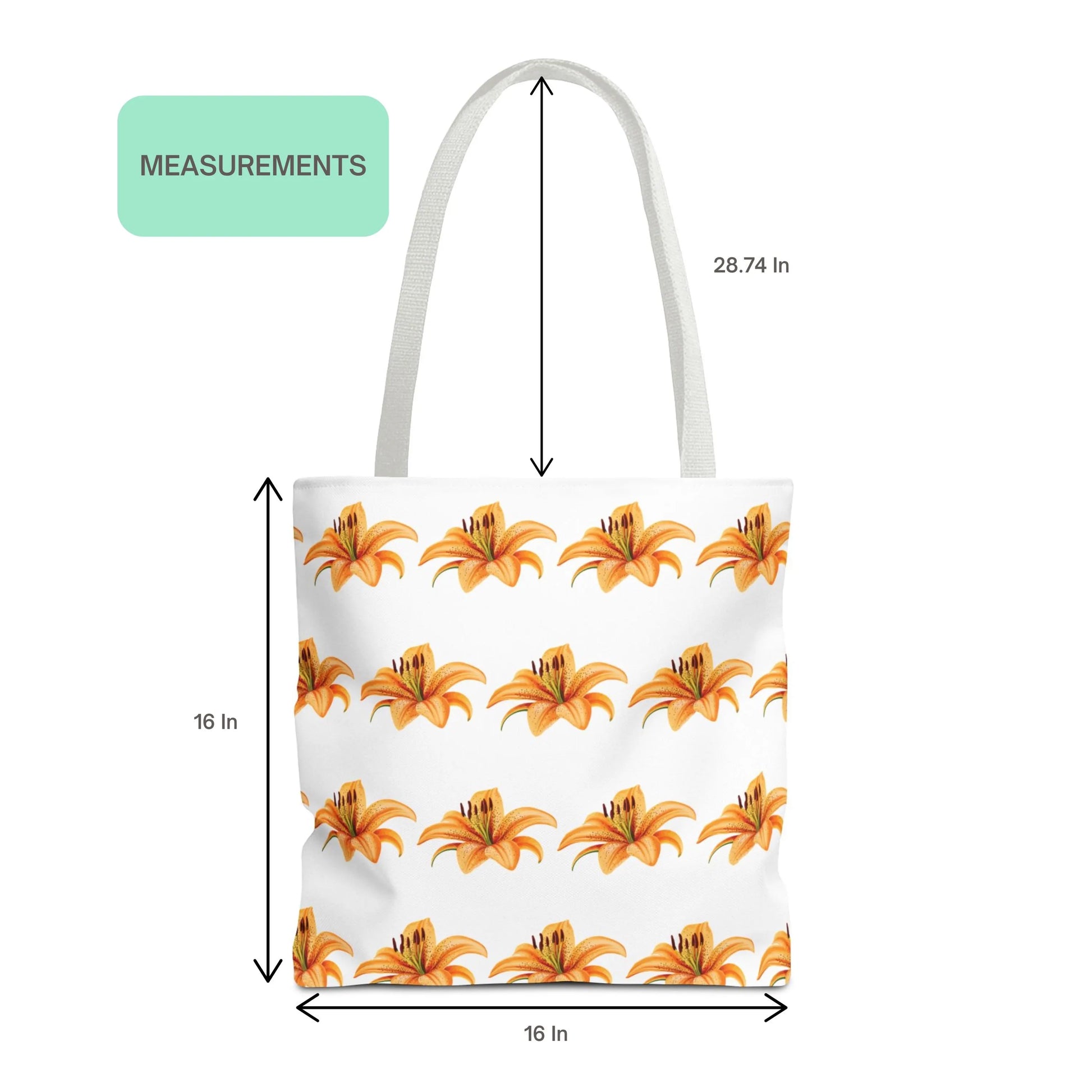 Front view of Tiger Lily Flower Design Patterned Tote Bag with size measurements 16x16 inches