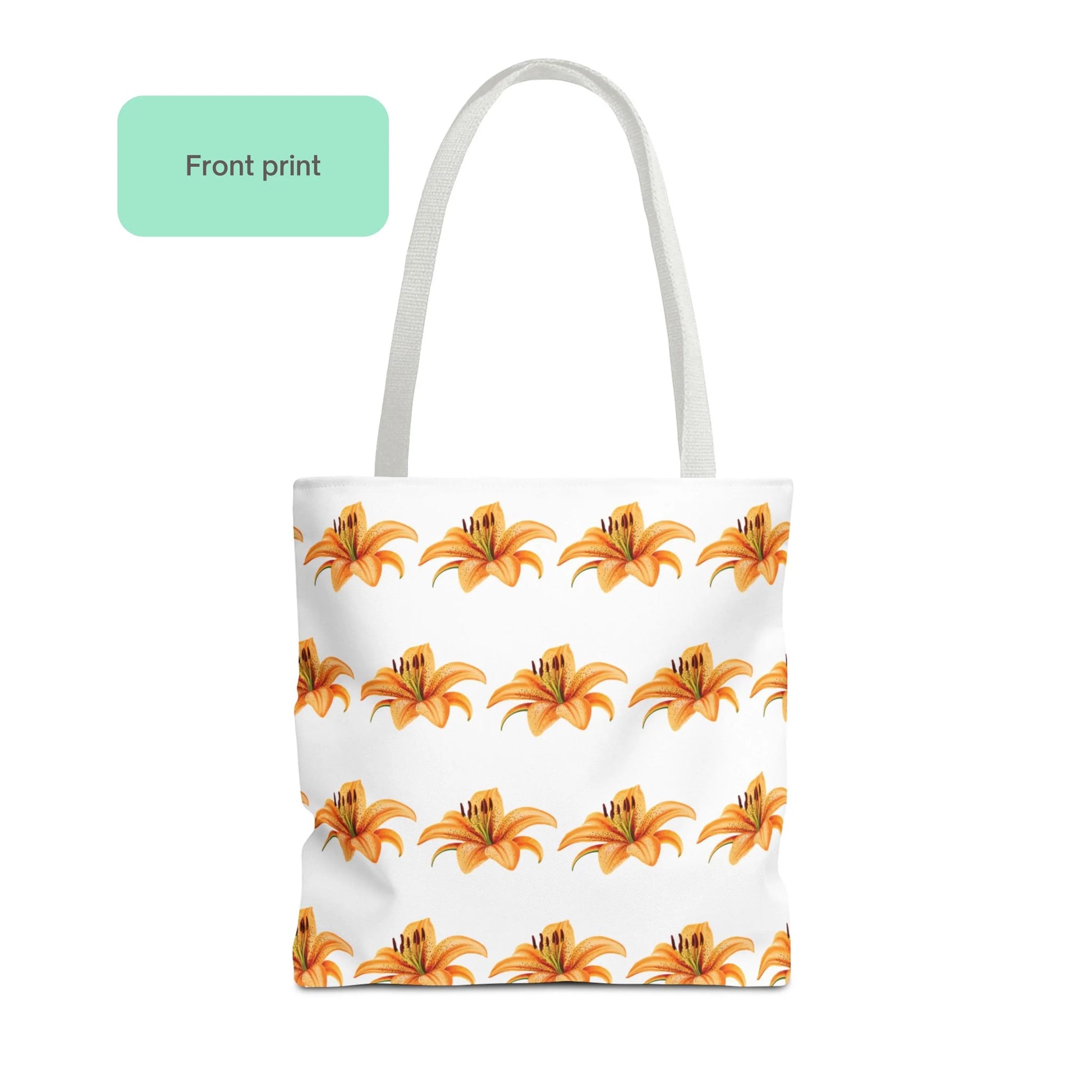 Front print of Tiger Lily Flower Design Patterned Tote Bag with vibrant orange tiger lilies