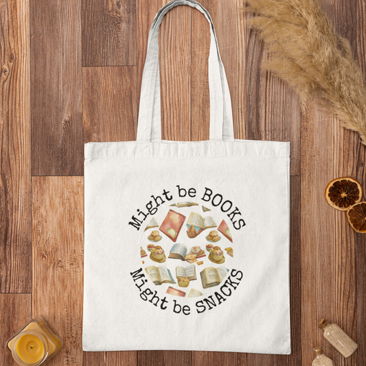 Might be Snacks Book Quotes Graphic Tote Bag