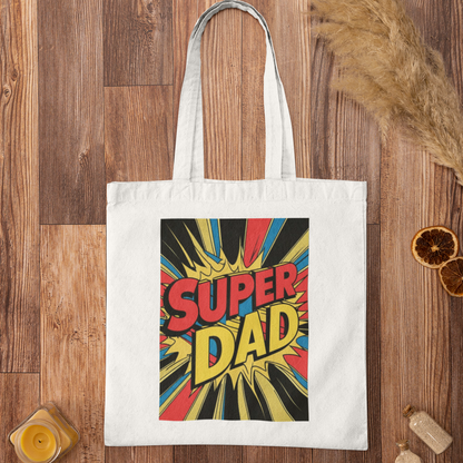 Tote bag with 'Super Dad' design on a wooden surface
