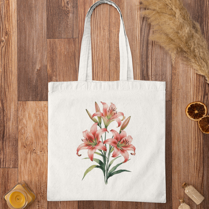 White tote bag with tiger lily floral design on a wooden surface