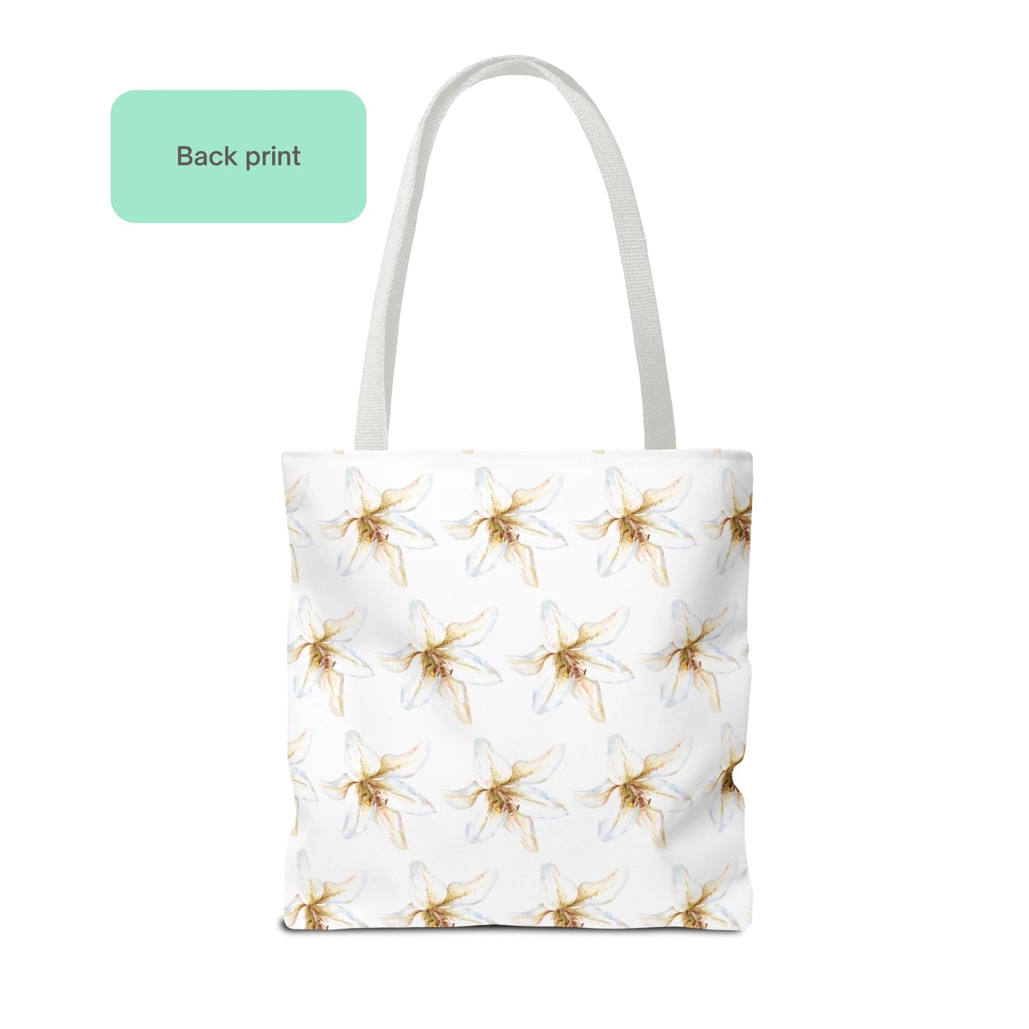 Back view of White Lily Flower Design Tote Bag with repeating white lily pattern on a light background.