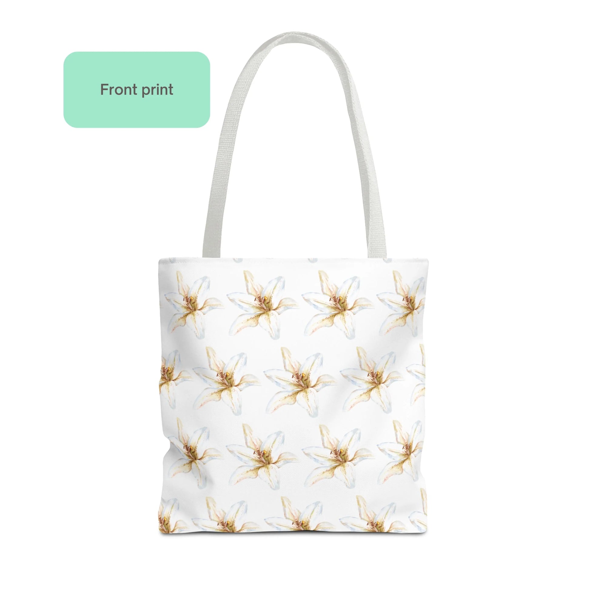 Front view of White Lily Flower Design Tote Bag featuring soft watercolor-style lily motifs.