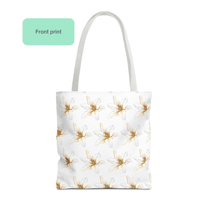 Front view of White Lily Flower Design Tote Bag featuring soft watercolor-style lily motifs.